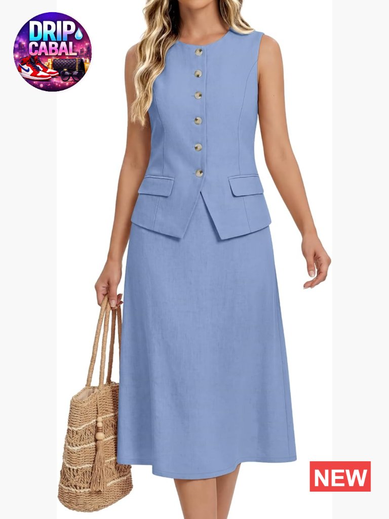 2 Piece Skirt Set Blazer Button Vest A-Line Knee Length Teacher Church Business